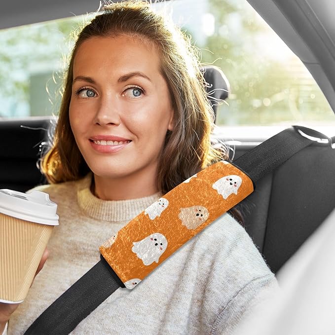 2 Pack Seatbelt Covers Seat Belt Cover Pad for Adults Boys Girls Car Seat Strap Covers Pads Cushion Universal Shoulder Strap Pad Protector for Backpack Camera Bag 10x7.7Inch Halloween Ghosts Orange