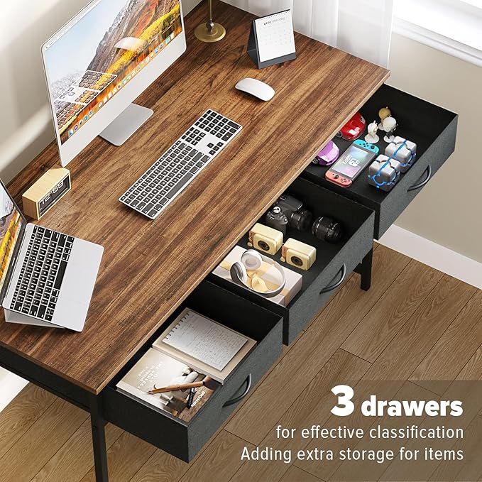 WOHOMO Computer Desk with 3 Drawers, 47.2 Inch Bedroom Desk with Storage, Home Office Desk for Room Spaces, Modern Work Writing Study Tables, Rustic