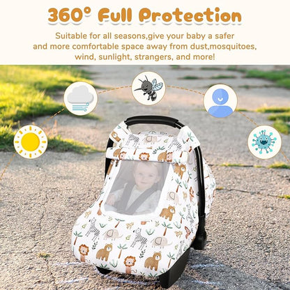 Baby Car Seat Cover, Windproof Carseat Cover for Infant Girls, Infant Warm Carseat Canopy with Double Layer Fabric for Winter, Compatible with Most Baby Car Seat, Animals