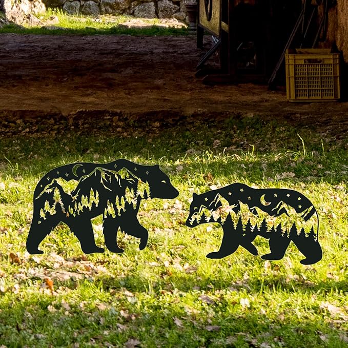 Bear Metal Garden Stakes Yard Decor, 3PCS Bear Black Silhouette Outdoor Garden Decor for Yard Art, Outside, Lawn Ornaments
