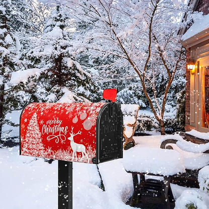 Merry Christmas Mail Box Covers Magnetic Standard Size 21x18 inch Winter Deer Snowflake Mailbox Cover Xmas Tree Mail Box Wrap for Outside Garden Yard Red