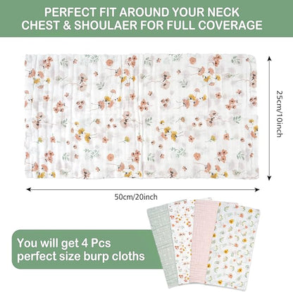 Baby Muslin Burp Cloths, 100% Cotton Burping Cloths Super Absorbent Soft, Bath Towel Burp Cloths for Baby Girl Boy, Great Gift for Newborn, 10 x 20 inch, 4 Pack, Leaves & Flowers