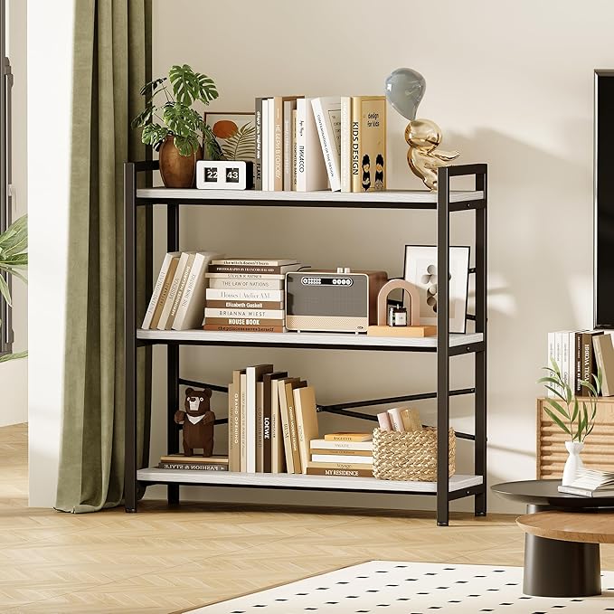 Book Shelf, 3 Tier Bookshelf 31.49" Width, Book Shelf Storage and Organization, Wooden and Metal Industrial Bookcase, Large Book Shelves for Home Living Room Bedroom Office Storage(White)