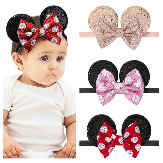 choicbaby 3 PCS Mouse Ears Sequin Bow Nylon Hairband with Polka Dot Cute Baby Headbands Soft Hairbands Hair Accessories for Newborn Infant Toddler Party Supplies