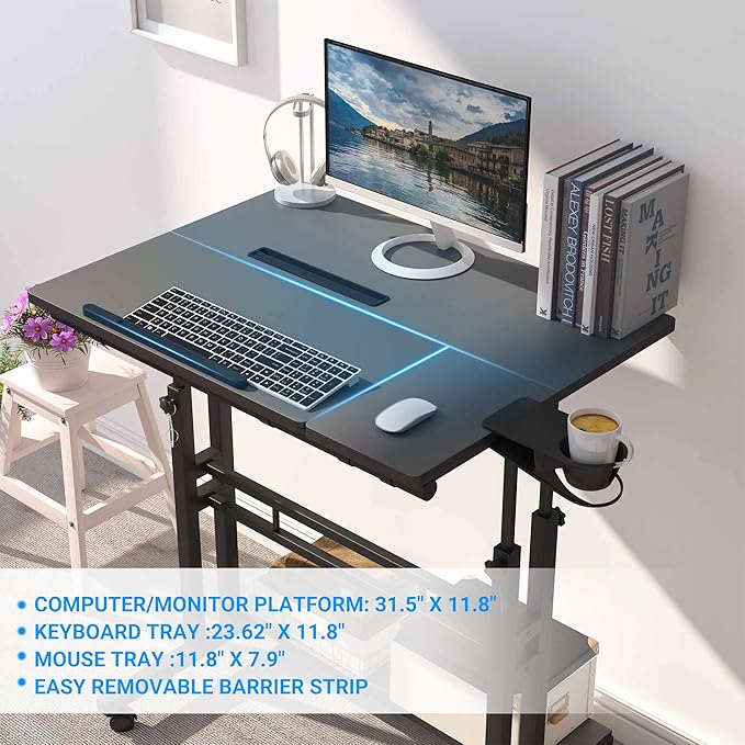 Mobile Standing Desk, Adjustable Rolling Computer Desk with 3 Desktops, Portable Laptop Table with Cup Holder, Home Office Laptop Workstation on Lockable Wheels, Black
