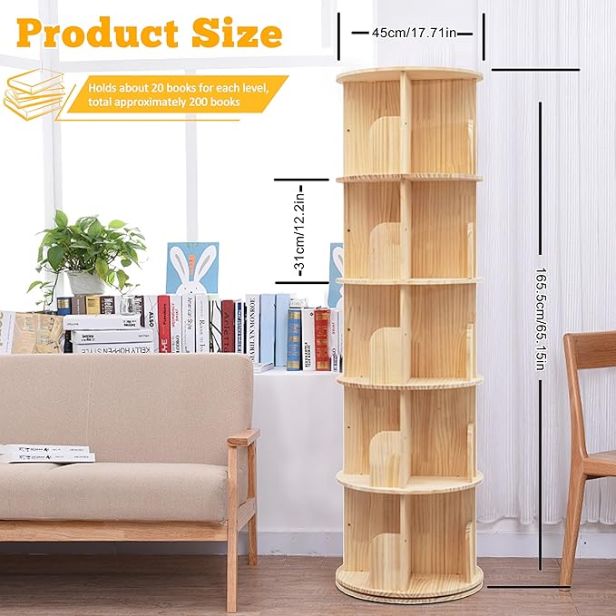 5 Tier Rotating Bookshelf Tower 360 Display Spinning Bookshelf Tower Floor Standing Bookcase Storage Rack Revolving Bookcase Wood Narrow Round Book Shelf Rotating Storage Organizer for Bedroom