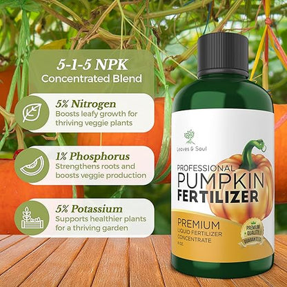 LEAVES AND SOUL Professional Liquid Pumpkin Fertilizer | 5-1-5 Concentrate, Liquid Plant Fertilizer for Garden, Healthy Produce, Good Harvest, Multi-Purpose Blend & Gardening Supplies | 8 oz