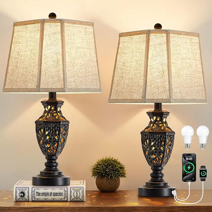 EJIAXIN Lamps for Night Stands Set of 2-23.5" Vintage Bedside Lamp with USB A+C and Nightlight - Black Retro Carved Resin Farmhouse Table Lamp for Bedrooms, End Tables, Living Room, Bulbs Included