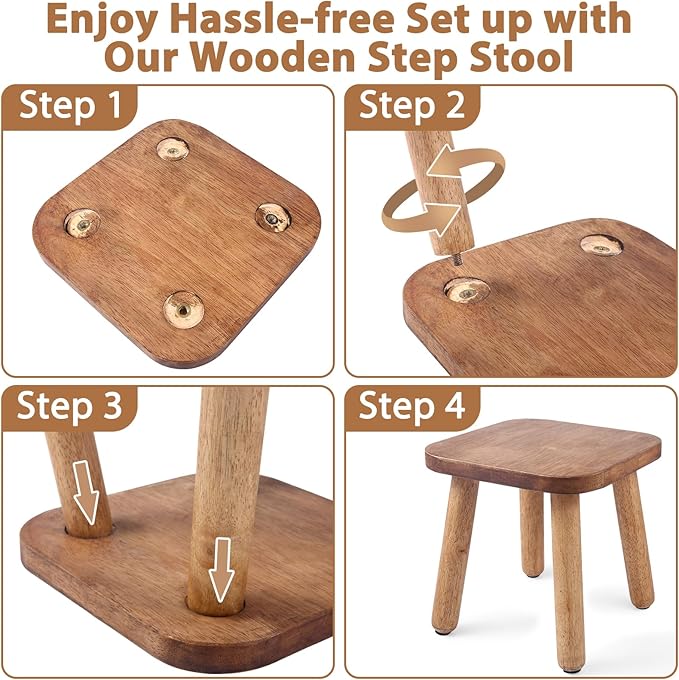 9.3 Inch Wooden Step Stool for Adults and Toddlers, Portable & Sturdy, Plant Stool with Four Detachable and Assembled Legs for Playroom, Kitchen, Bedroom, Bathtub-Walnut