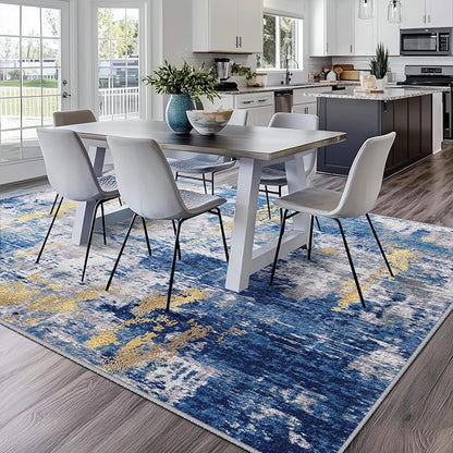 Washable Area Rugs 5'x7' Non-Slip Modern Abstract Soft for Living Room Entryway Bedroom Nursery, Print Pattern, Grey Blue Gold/Golden