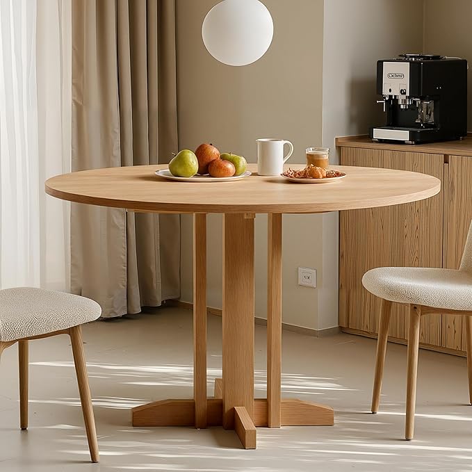Acanva 47" Small Round Dining Table for 4 Person, MDF Top and Sturdy Wood Base Structure, Modern Design for Kitchen, Compact Space & Apartment, Natural Oak