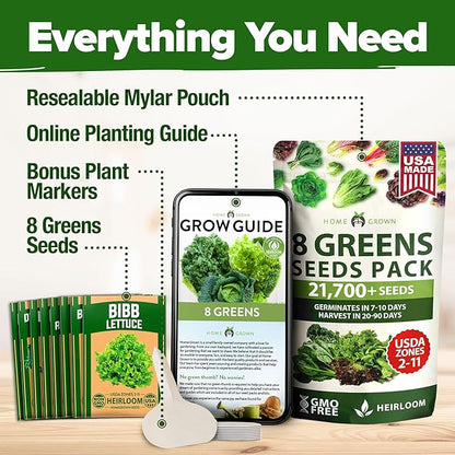 HOME GROWN Lettuce Seeds for Planting - 8 Varieties Non-GMO Heirloom Salad Greens Seeds - 9000+ USA-Sourced Vegetable Seeds for Planting Outdoors, Indoors, Hydroponic Garden