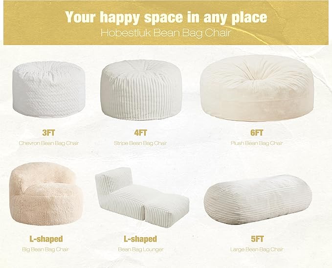 Hobestluk 5FT Bean Bag Chairs Adult Bean Bag with Portable Handle Comfy Large Bean Bag Lounge Chair with Removable Cover for Living Room Bedroom (Stripe White, 5FT)