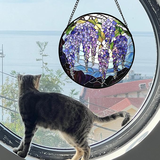 Stained Glass Window Hanging, Purple Wisteria Flowers Suncatcher for Doors Window Home Plant Sun Catchers Decoration Mother's Day Birthday Gifts for Women, Men, and Mom 7.8x7.8 in