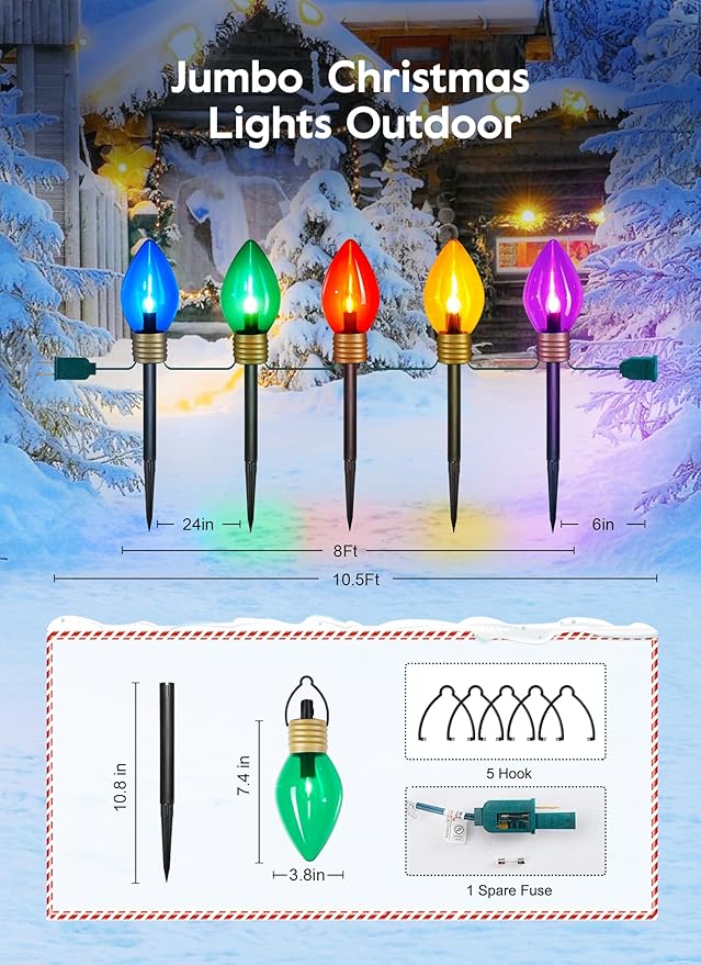 4 Pack Jumbo C9 Christmas Pathway Lights Outdoor - Total 34FT 20 LED C9 Christma Walkway Light, Multicolor Christmas Decoration Outside, Giant Christmas Lights Outdoor for Lawn Holiday Yard