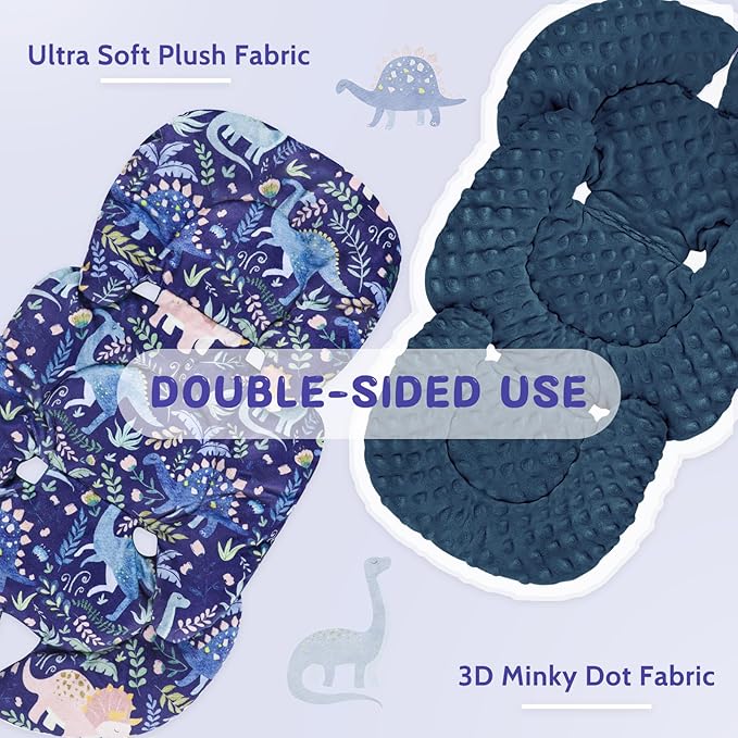 Pea Pod Infant Car Seat Insert with Strap Covers, All in One Reversible Baby Car Seat Head Support for Newborn, 3D Soft Minky Carseat Cushion for Preemie to Infant, Stroller, Swing, Bouncer, Dinosaur