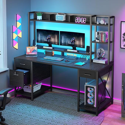DWVO Computer Desk with Drawers & Hutch, 59.1" Office Desk with Power Outlets & LED Lights, Home Office Desk with Storage Shelves, Black