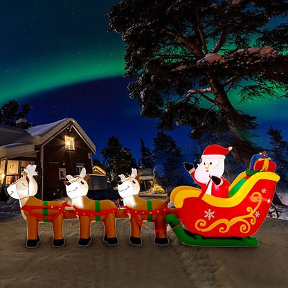 9.5 FT Christmas Inflatable Santa Claus on Sleigh with 3 Reindeer, Blow Up Santa, Christmas Inflatable Outdoor Decorations with Built-in LED Lights for Indoor, Garden, Lawn, Holiday, Party