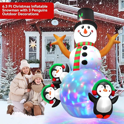 6.3 FT Christmas Inflatable Snowman Outdoor Decoration with Build-in Multicolor LEDs, Snowman with 3 Penguins Blow Up Inflatables Christmas for Yard Garden Lawn Xmas Holiday Decor