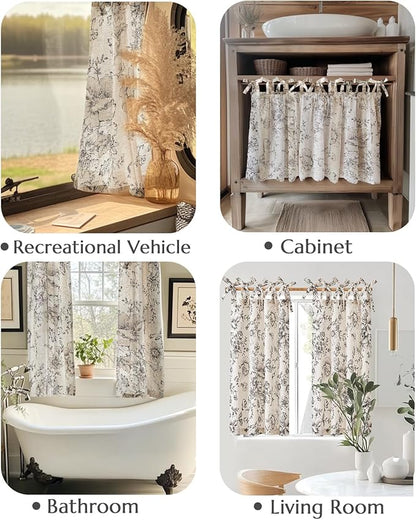 jinchan Floral Linen Tier Curtains 36 Inch Farmhouse Cafe Curtains Tie Top Botanic Drapes for Small Windows Over Sink for Kitchen Country Rustic Laundry Room Bathroom RV 2 Panels Black on Beige