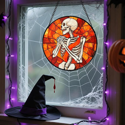 Stained Glass Window Hanging - Halloween Decorations Fear Skeleton Suncatcher for Doors Garden Indoor Spooky Funny Sun Catchers Gothic Decor Horror Gifts for Women Men Friend 6.3 in