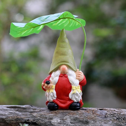 Garden Female Gnome Statue Decoration with Leaf Umbrella, 7.5” Figurine Ornament for Indoor Outdoor Home Patio Yard Lawn, for Gnome Lovers & Garden Enthusiasts，Mom，Women