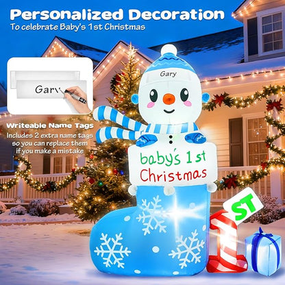 Christmas Inflatable Outdoor Decorations, 6 FT Inflatables Babys First Christmas Stocking Snowman Yard Decor, Built-in LED Lights Blow up 1st Xmas DIY Name Ornament for Indoor Outside Lawn Garden(Boy)