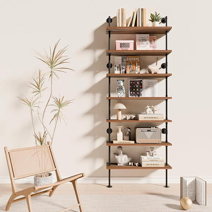 7 Tier Industrial Ladder Shelf Bookcase, Wall Mounted Rustic Bookshelf for Living Room Decor and Storage (Walnut Color, 7 Tier - 10" D x 36" W x 95.5" H)