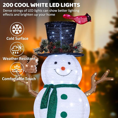 6FT Lighted Snowman Outdoor Christmas Decorations with Reinforced Base, Pop-Up Christmas Décor with Build-in 200 LED Lights, Collapsible Snowman with Top-Hat Scarf, Decoration for Lawn Yard