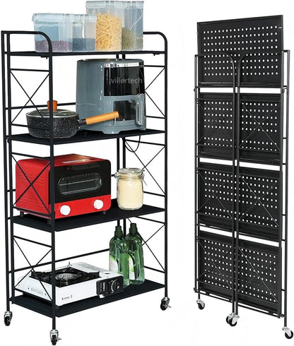Foldable 4-Tier Metal Shelf with Wheels - Folding Bookshelf Unit for Living Room, Kitchen, Study 12.6" D x 23.6" W x 46.8" H, Matte Black