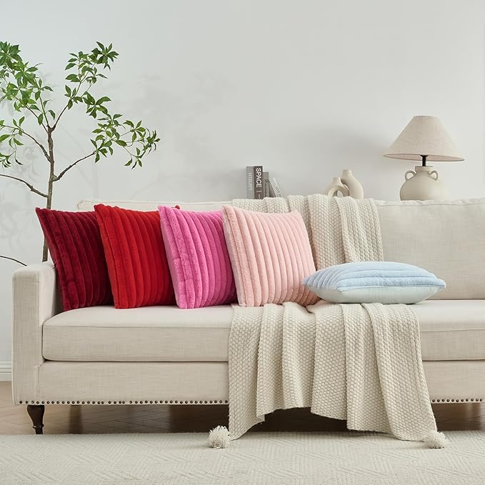 FUTEI Pack of 2 Solid Faux Fur Plush Throw Pillow Covers 18x18 Inch Soft Fluffy Striped Decorative Cushion Cases Modern Farmhouse Accent for Couch Bed Living Room, Pink