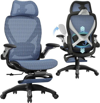 ELABEST X100 Ergonomic Office Chair with Footrest, Big and Tall Home Desk Chair with 5D Flip-Up Arms, Adjustable 3D Lumbar Support,High Back Rolling Computer Chair, Swivel Mesh Chairs (Oaxaca Blue)