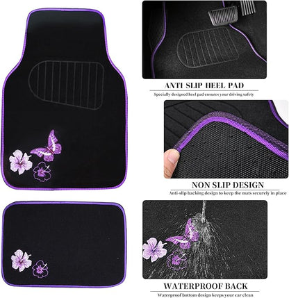 CAR PASS Butterfly Steering Wheel Cover and Waterproof Car Floor Mats,Purple Car Mats 14.5-15inch Steering Wheel Covers Universal Fit for Suvs,Sedans Cars,for Women Girl(Black and Purple)