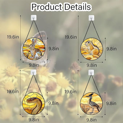 Stained Glass Window Hanging 4 Pcs Set Animals 9.8" - Desert Landscape Yellow Suncatcher Door Garden Sun Catcher Decor Birthday Christmas for Mom Woman Nana Men