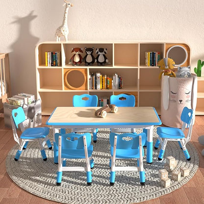Kids Table and 6 Chairs Set，Height Adjustable Children Table & Chair，Toddlers Study Multi-Activity Table with 47.2"x23.6" Wipe-Clean Desktop，for Classrooms, Homes & Daycares