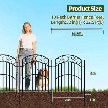 10 Panels 32in(H) Decorative Garden Fence, Total 22.5ft L Heavy Duty Iron Metal No Dig Animal Barrier Fence, Garden Border Fencing, Temporary Dog Fencing Outdoor for Yard