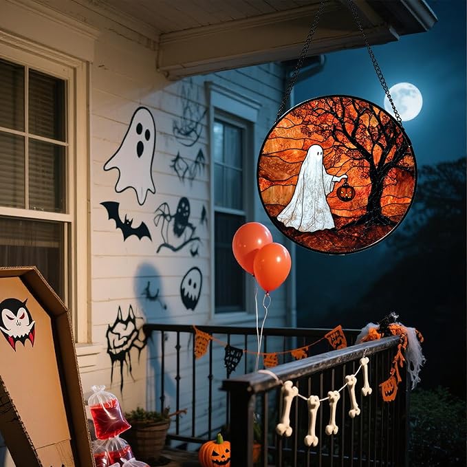 Stained Glass Window Hanging - Halloween Ghost Holding A Pumpkin Lantern Suncatcher for Door Garden Spooky Tree Sun Catchers Gothic Decorations Horror Gifts for Women Men Friend 7.8 in