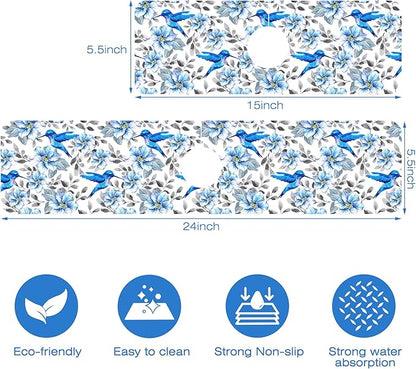 Blue Floral and Hummingbird Dish Drying Mat