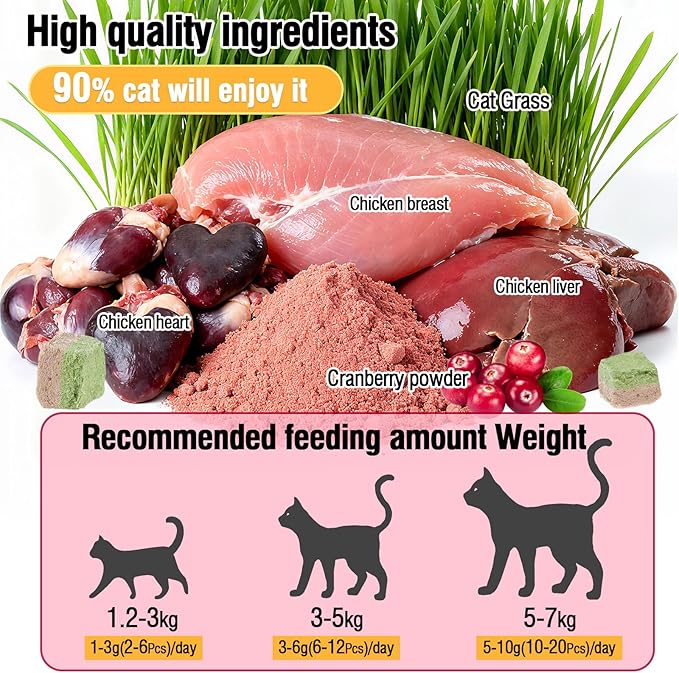 HavenJanny Freezed-Dried Cat Grass Treats, Catgrass Cranberry Duo Bites, Cat Dental Treats for Hairball Control and Urinary Tract Support, Cats Teething Stick (60g, Cranberry)