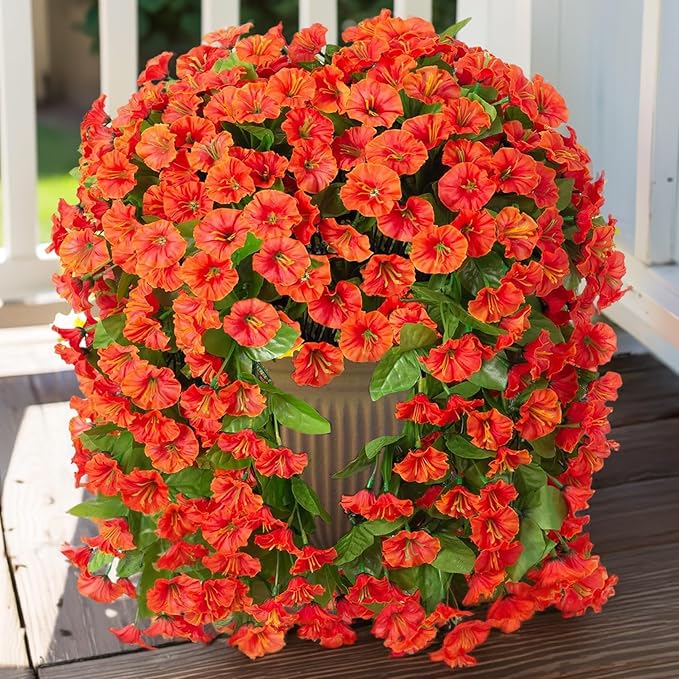 HyeFlora Artificial Fake Fall Hanging Flowers Plants for Outdoor Outside, 2PCS Faux Silk Orange Morning Glory Trailing Vines UV Resistant Look Real for Home Planter Porch Patio