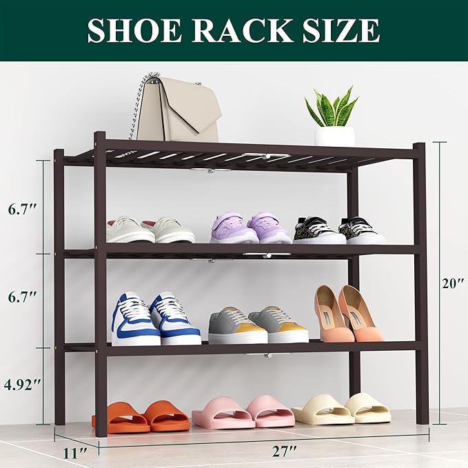 Smiry Shoe Rack, 3 Tier Thick Bamboo Shoe Organizer, Stackable Free Standing Wooden Shoe Storage Shelf for Closet, Entryway, Front Door Entrance, Brown