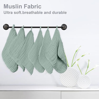 SWEET DOLPHIN 12 Pack Baby Muslin Washcloths - Soft Face Cloths for Newborn, Absorbent Bath Wash Cloths, Wipes, Burp Rag - Toddlers Essentials Stuff, Baby Registry as Shower -10"x10", Green
