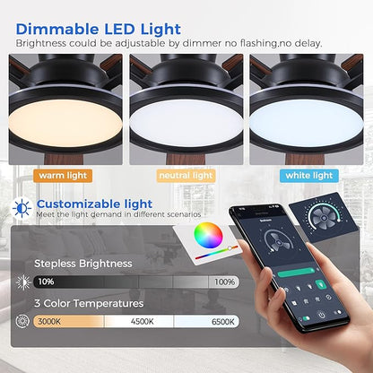 Ayaoty 52in Flush Mount Ceiling Fan with RGB Lights and Remote/APP, Low Profile RGB Ceiling Fan with 5 Reversible Blades, Dimming, Indoor Modern Fan Light Fixutre for Kid's Room, Bedroom, Brown