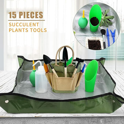 G GOOD GAIN Garden Succulent Kit with Organizer Bag, 15 Pieces Succulent Tools, Indoor Mini Hand Gardening Tools Set with Carrier for Bonsai Planter Miniature Fairy Planting Care(Green)