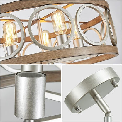 XINGQI Rustic Chandelier Brushed Nickel, Drum Chandeliers for Dining Room Modern Light Fixture Over Table Farmhouse Metal Wood Grain Pendant 5 Lights
