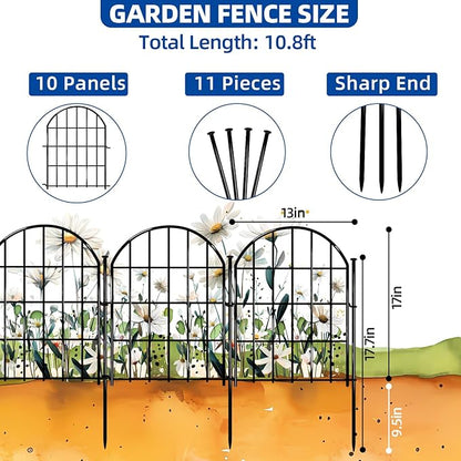 Decorative Garden Fence, 17in X 10.8ft No Dig Fence Panels, Arched Rustproof Metal Garden Fencing Animal Barrier, Flower Bed Edging Border with Ground Stake for Dog, Rabbit, Outdoor Yard Patio Decor