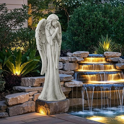 Praying Angel Statue for Outdoor Garden, 31 Inch Large Heavenly Memorial Sculpture,Durable MGO Stone Standing Angels for Yard, Patio or Cemetery Decor,Offering Comfort & Peace, Antique White