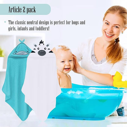 Cute Castle 2 Pack Hooded Baby Towel Rayon Made from Bamboo with 8 Washcloths - Soft Bath Towel for Bathtub for Babie, Newborn, Infant, Natural Baby Stuff Towel (Zebra and Whale)