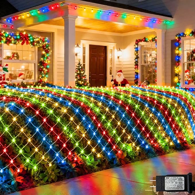 Pooqla Christmas Net Lights, 300LED Outdoor Mesh Light 14.8x4.9 ft Fairy String Mesh Light 8 Modes Green Wire, Connectable Waterproof for Bushes Tree Garden Christmas Decor, Colorful