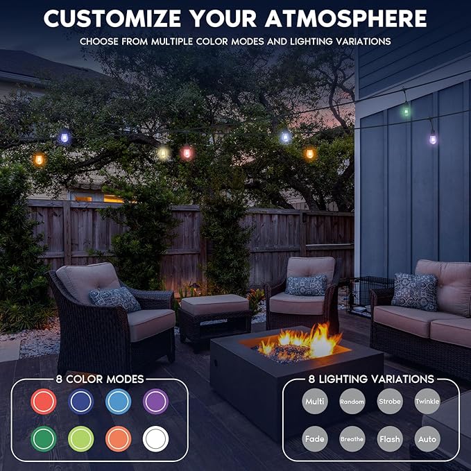 LUXRITE 24FT LED RGBW Outdoor String Lights, Remote Control Color Changing Cafe Lights, Commercial Grade Waterproof, 12 Edison S14 Shatterproof Bulbs, IP65, Dimmable Outside Hanging Lights for Patio